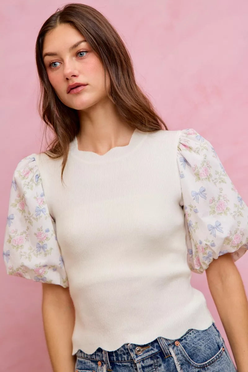 SO ME Floral Cotton Contrast Sleeves Scallop Sweater Top - WYNFLARE