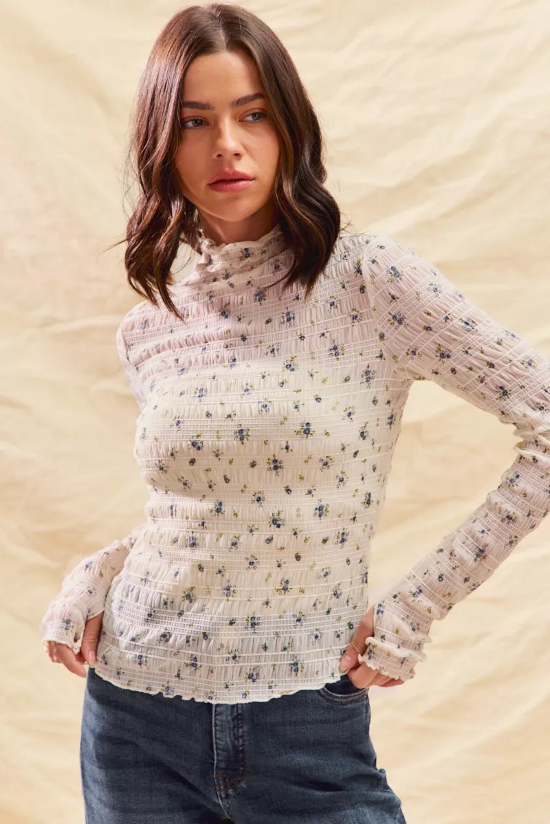 SO ME Floral Print Textured Long Sleeve Knit Top - WYNFLARE