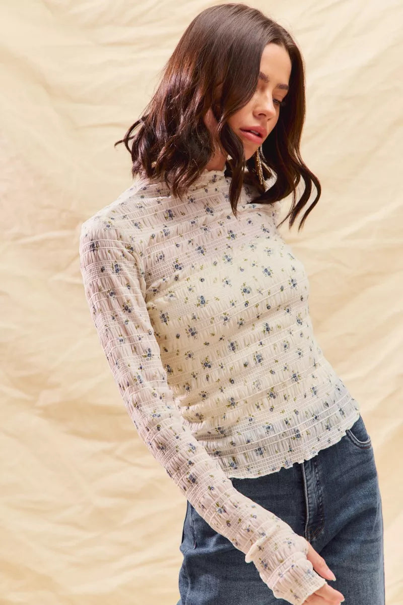 SO ME Floral Print Textured Long Sleeve Knit Top - WYNFLARE