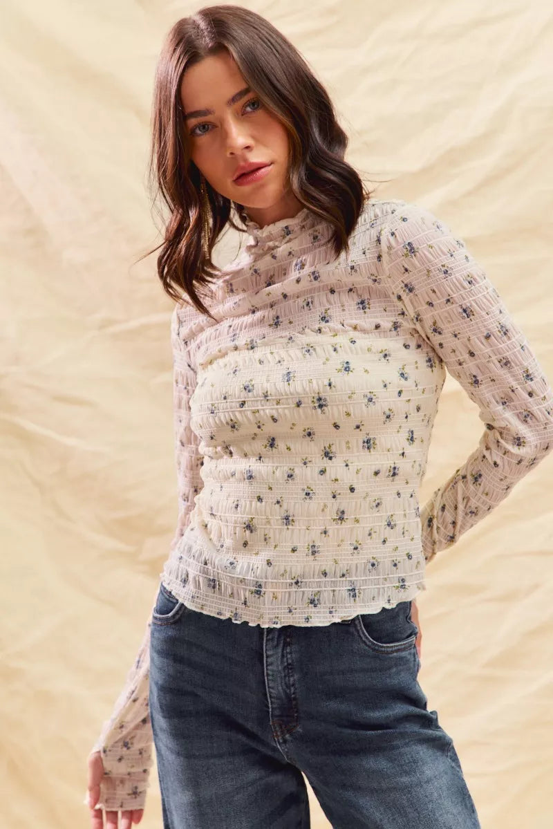 SO ME Floral Print Textured Long Sleeve Knit Top - WYNFLARE