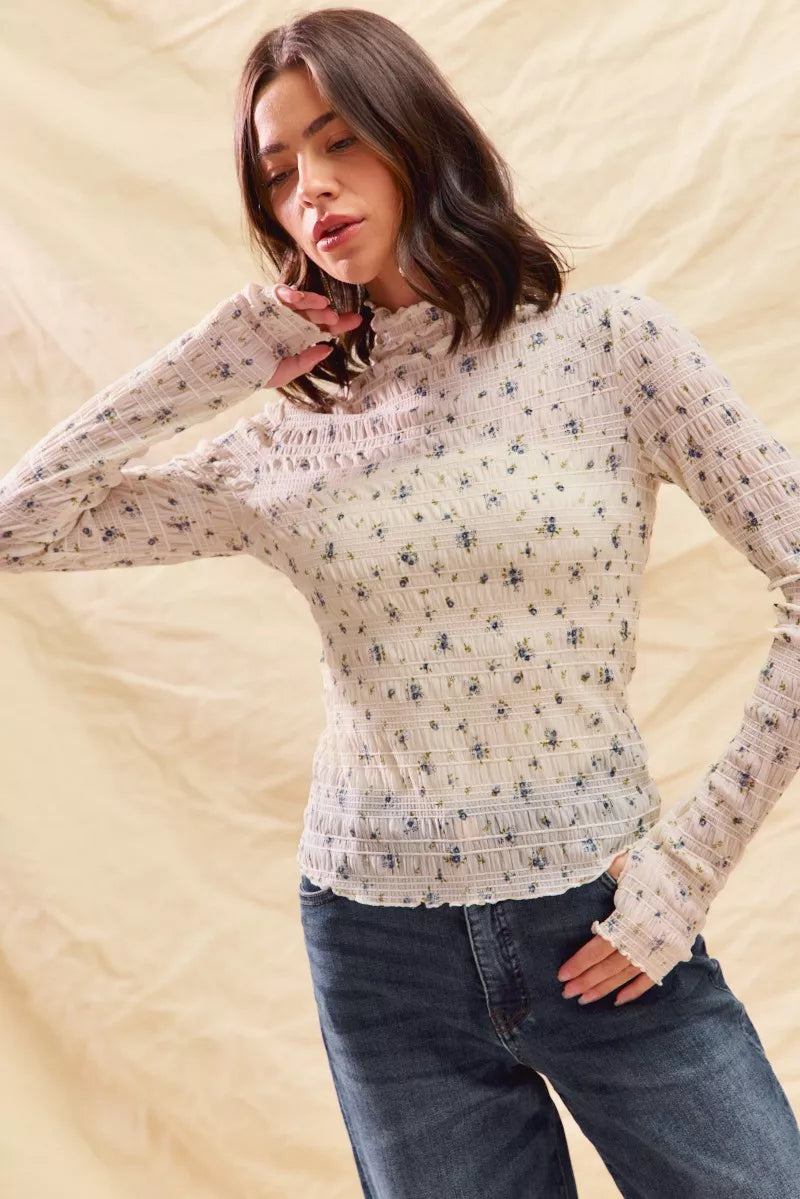 SO ME Floral Print Textured Long Sleeve Knit Top - WYNFLARE