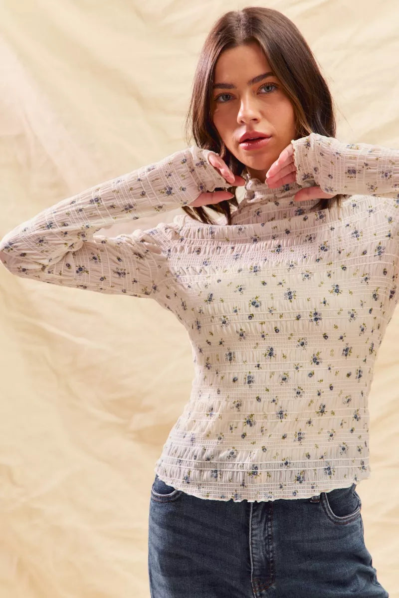 SO ME Floral Print Textured Long Sleeve Knit Top - WYNFLARE