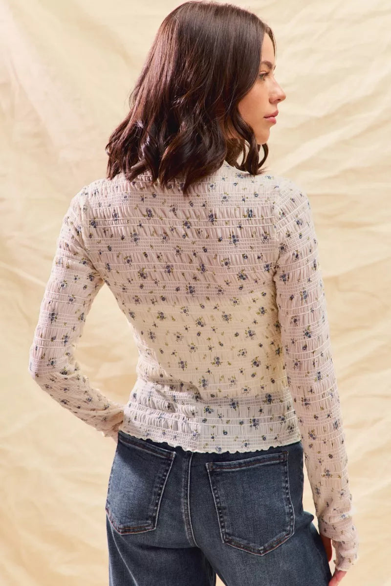 SO ME Floral Print Textured Long Sleeve Knit Top - WYNFLARE