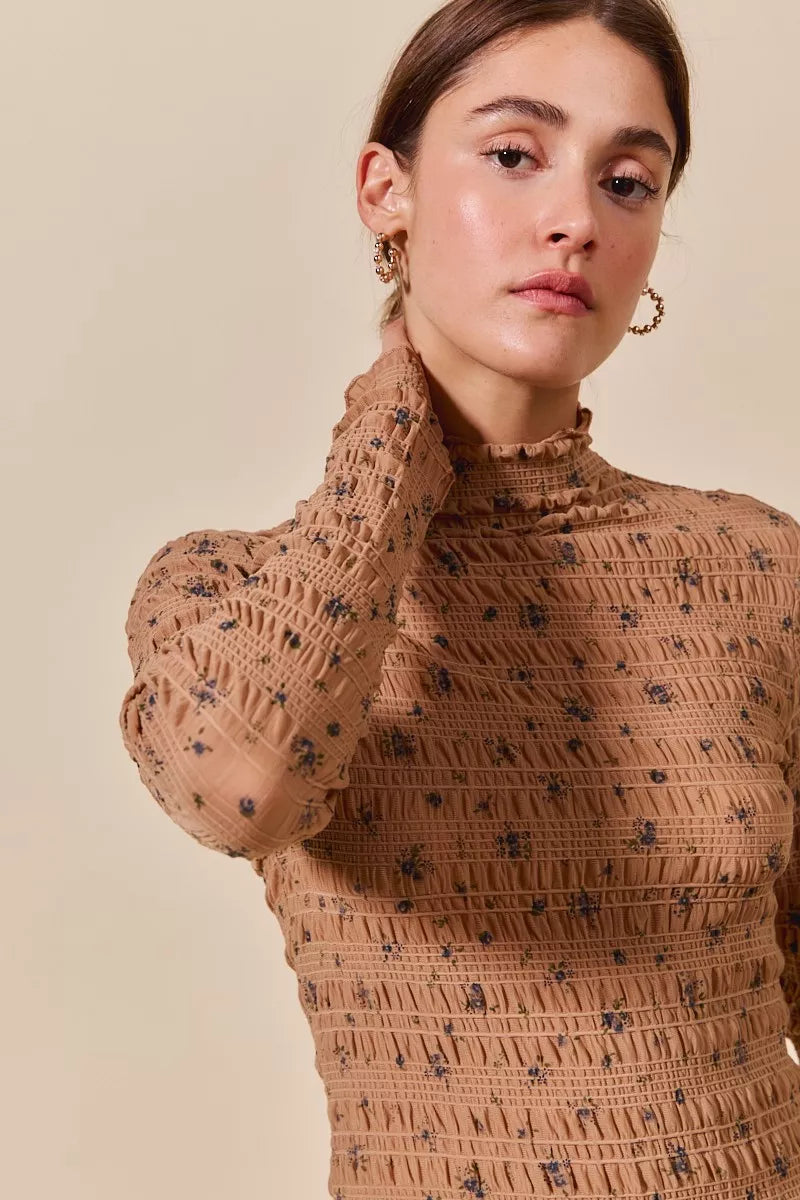 SO ME Floral Print Textured Long Sleeve Knit Top - WYNFLARE