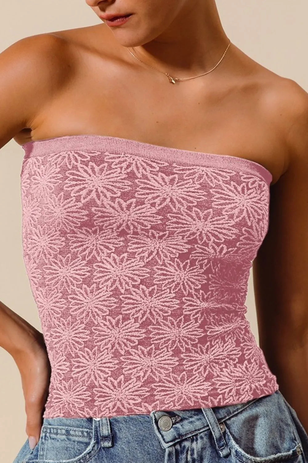 SO ME Jacquard Floral Two Tone Seamless Tube Top - WYNFLARE