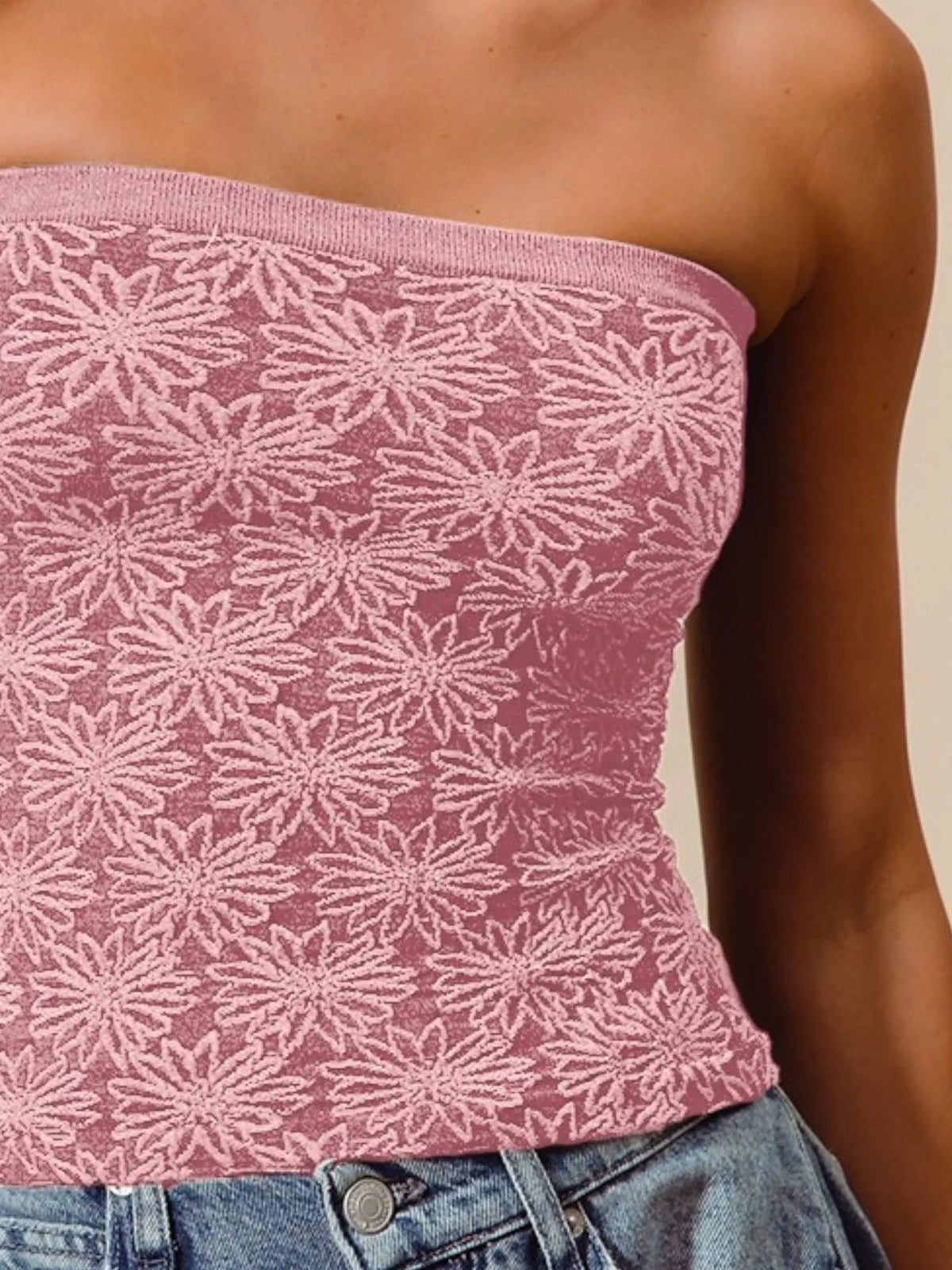 SO ME Jacquard Floral Two Tone Seamless Tube Top - WYNFLARE
