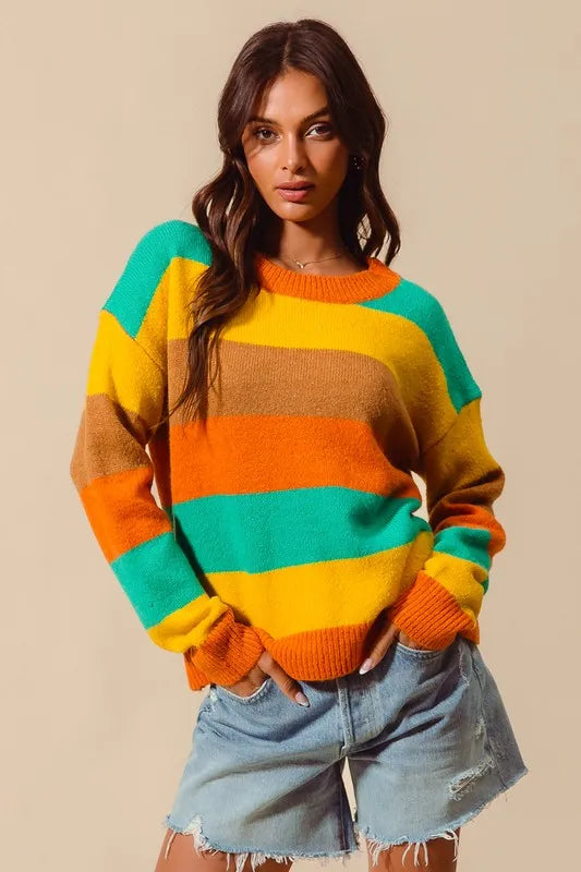 SO ME Multi Color Stripe Sweater with Ribbed Detail - WYNFLARE