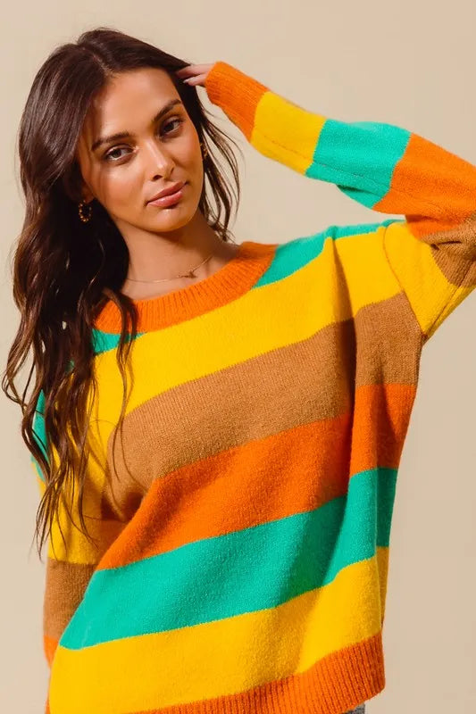 SO ME Multi Color Stripe Sweater with Ribbed Detail - WYNFLARE