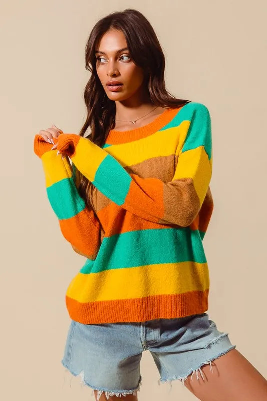 SO ME Multi Color Stripe Sweater with Ribbed Detail - WYNFLARE