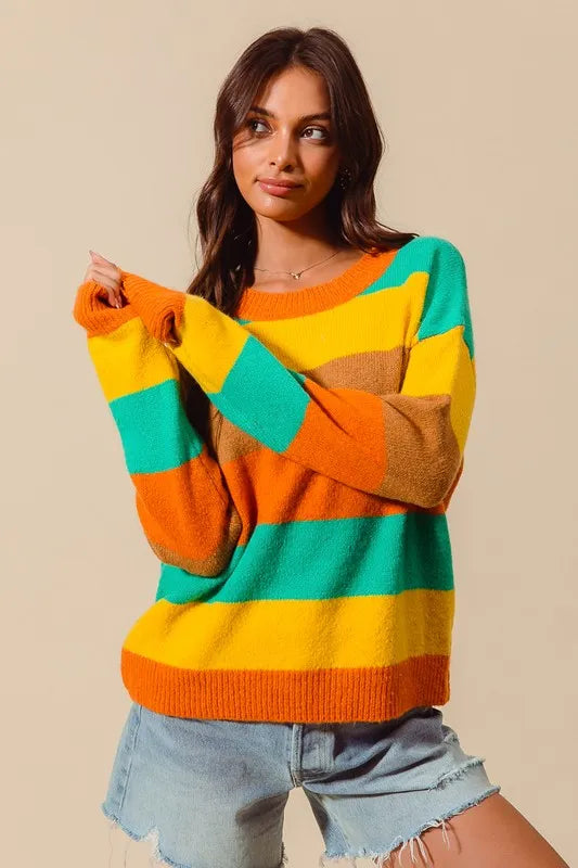 SO ME Multi Color Stripe Sweater with Ribbed Detail - WYNFLARE