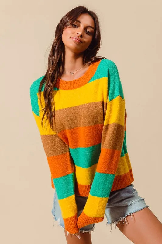 SO ME Multi Color Stripe Sweater with Ribbed Detail - WYNFLARE