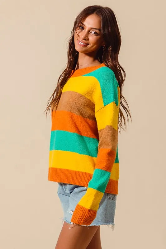 SO ME Multi Color Stripe Sweater with Ribbed Detail - WYNFLARE