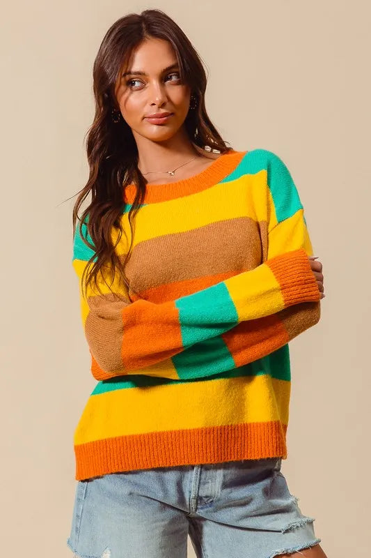 SO ME Multi Color Stripe Sweater with Ribbed Detail - WYNFLARE