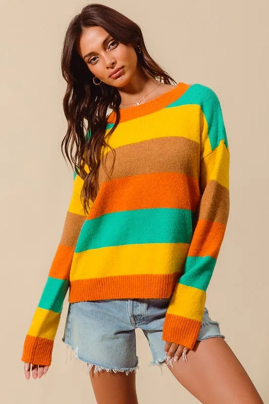 SO ME Multi Color Stripe Sweater with Ribbed Detail - WYNFLARE