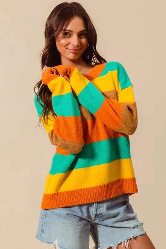 SO ME Multi Color Stripe Sweater with Ribbed Detail - WYNFLARE