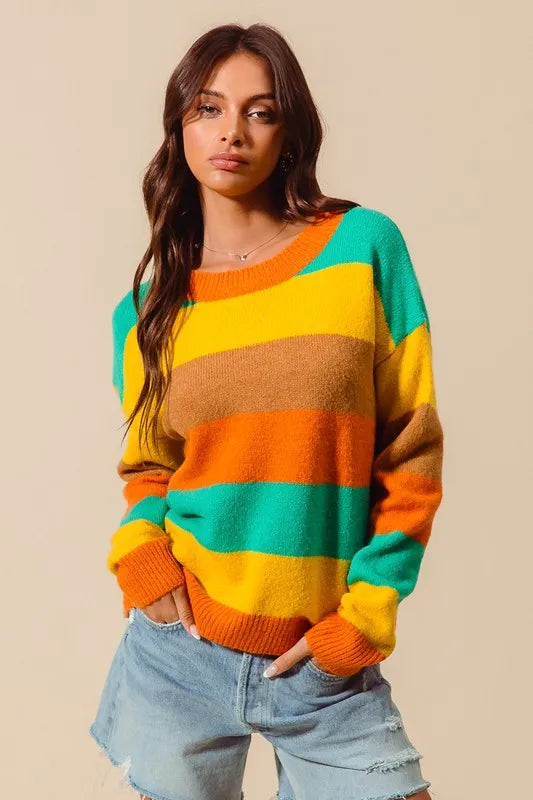 SO ME Multi Color Stripe Sweater with Ribbed Detail - WYNFLARE