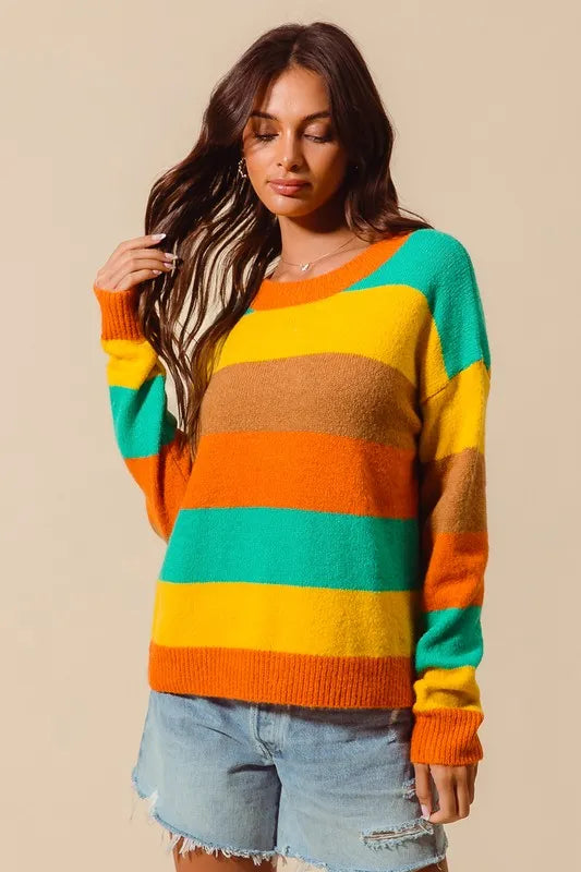 SO ME Multi Color Stripe Sweater with Ribbed Detail - WYNFLARE