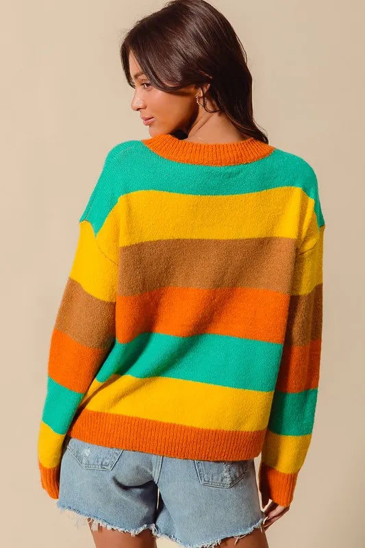 SO ME Multi Color Stripe Sweater with Ribbed Detail - WYNFLARE