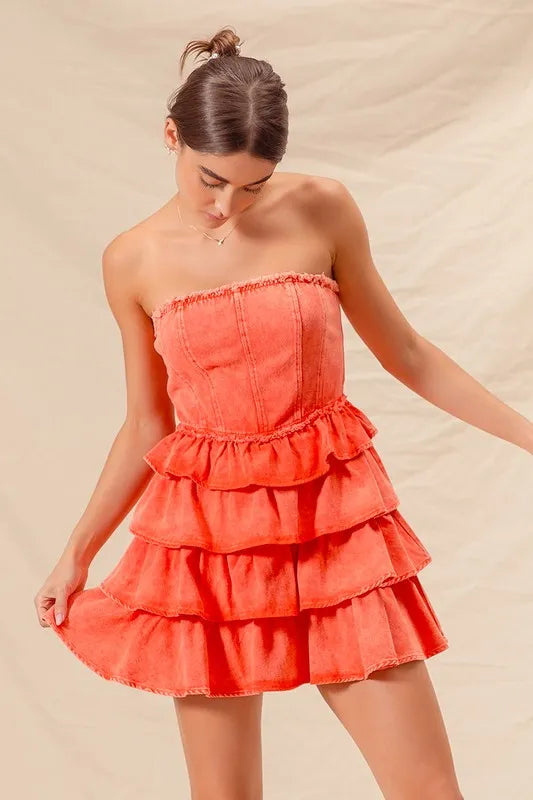 SO ME Strapless Ruffle Layered Game Day Cheer Up Dress - WYNFLARE