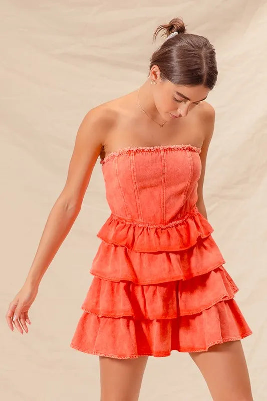 SO ME Strapless Ruffle Layered Game Day Cheer Up Dress - WYNFLARE