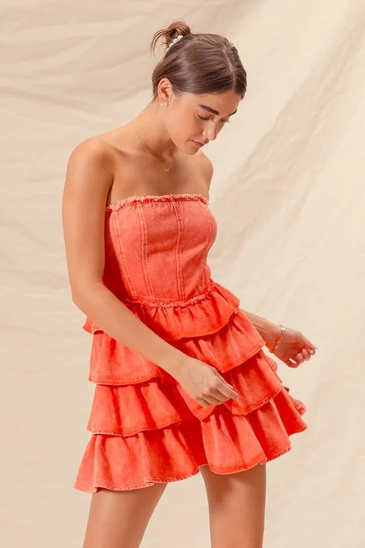 SO ME Strapless Ruffle Layered Game Day Cheer Up Dress - WYNFLARE