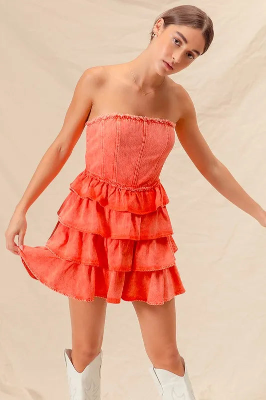 SO ME Strapless Ruffle Layered Game Day Cheer Up Dress - WYNFLARE