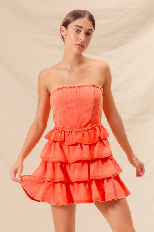 SO ME Strapless Ruffle Layered Game Day Cheer Up Dress - WYNFLARE