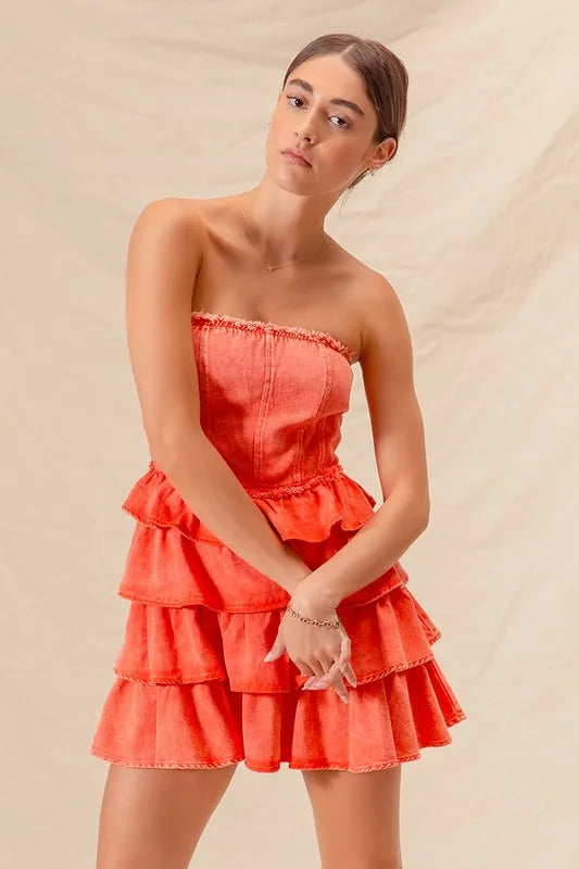 SO ME Strapless Ruffle Layered Game Day Cheer Up Dress - WYNFLARE