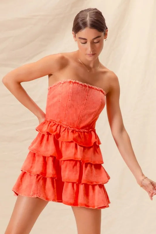 SO ME Strapless Ruffle Layered Game Day Cheer Up Dress - WYNFLARE