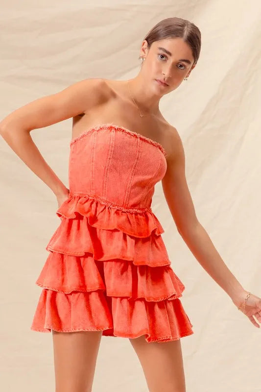 SO ME Strapless Ruffle Layered Game Day Cheer Up Dress - WYNFLARE
