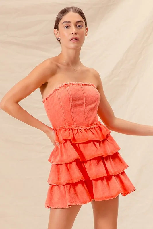 SO ME Strapless Ruffle Layered Game Day Cheer Up Dress - WYNFLARE