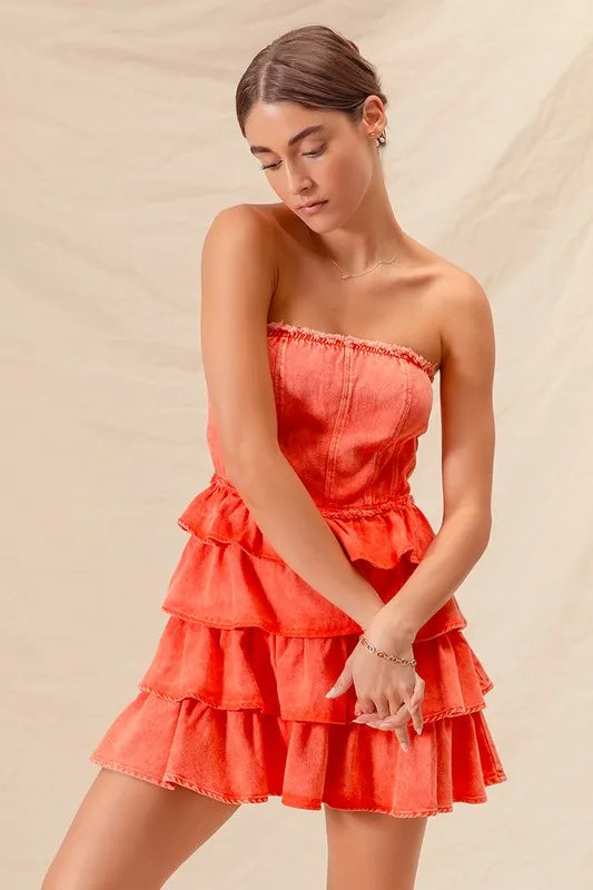 SO ME Strapless Ruffle Layered Game Day Cheer Up Dress - WYNFLARE