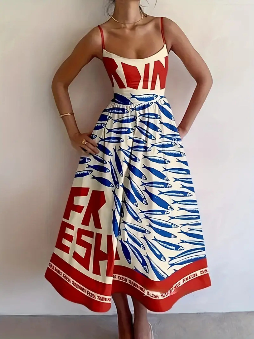 Sardine Print Spaghetti Strap Midi Dress - WYNFLARE