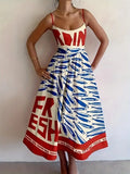 Sardine Print Spaghetti Strap Midi Dress - WYNFLARE