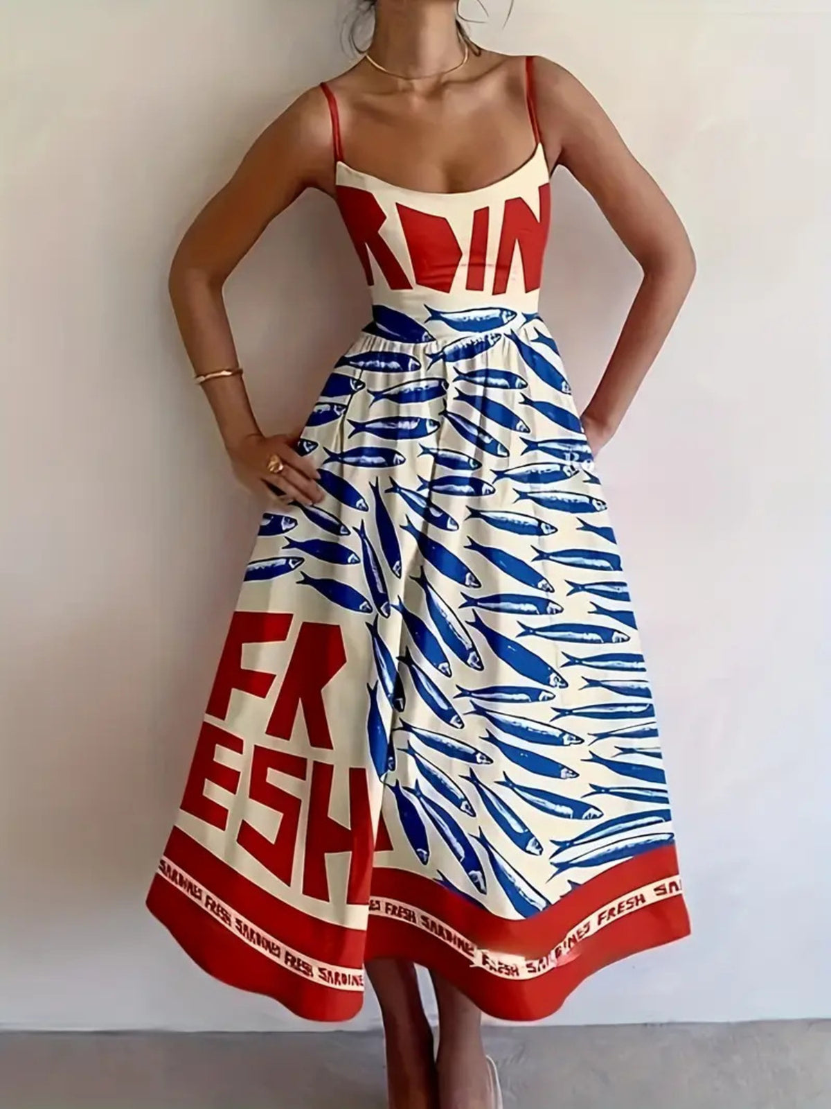 Sardine Print Spaghetti Strap Midi Dress - WYNFLARE