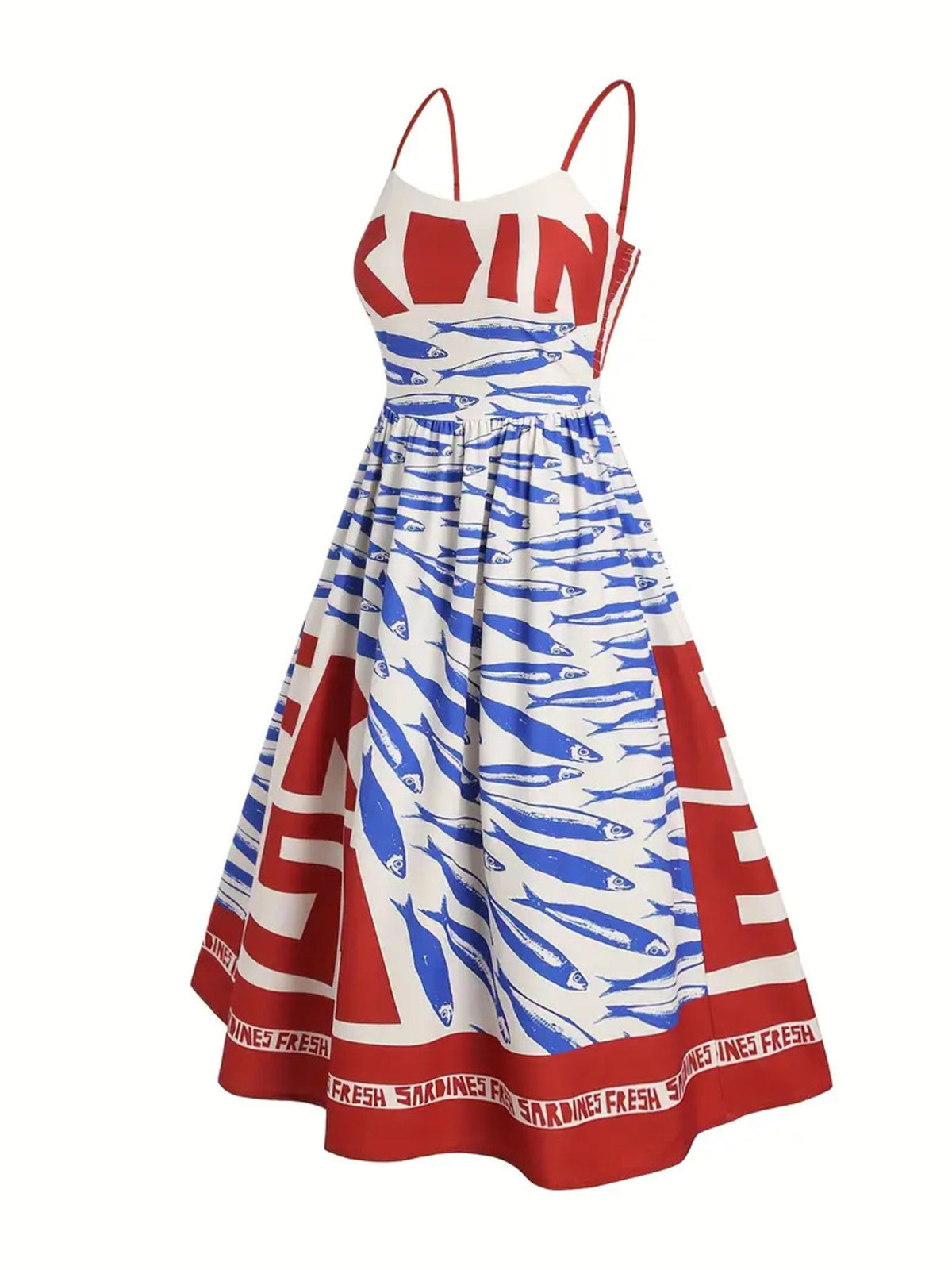 Sardine Print Spaghetti Strap Midi Dress - WYNFLARE