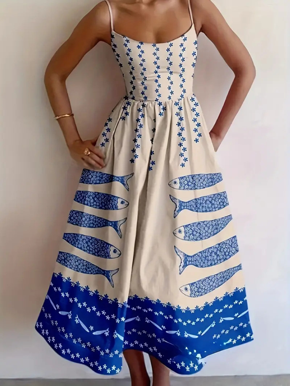 Sardine Print Spaghetti Strap Midi Dress - WYNFLARE