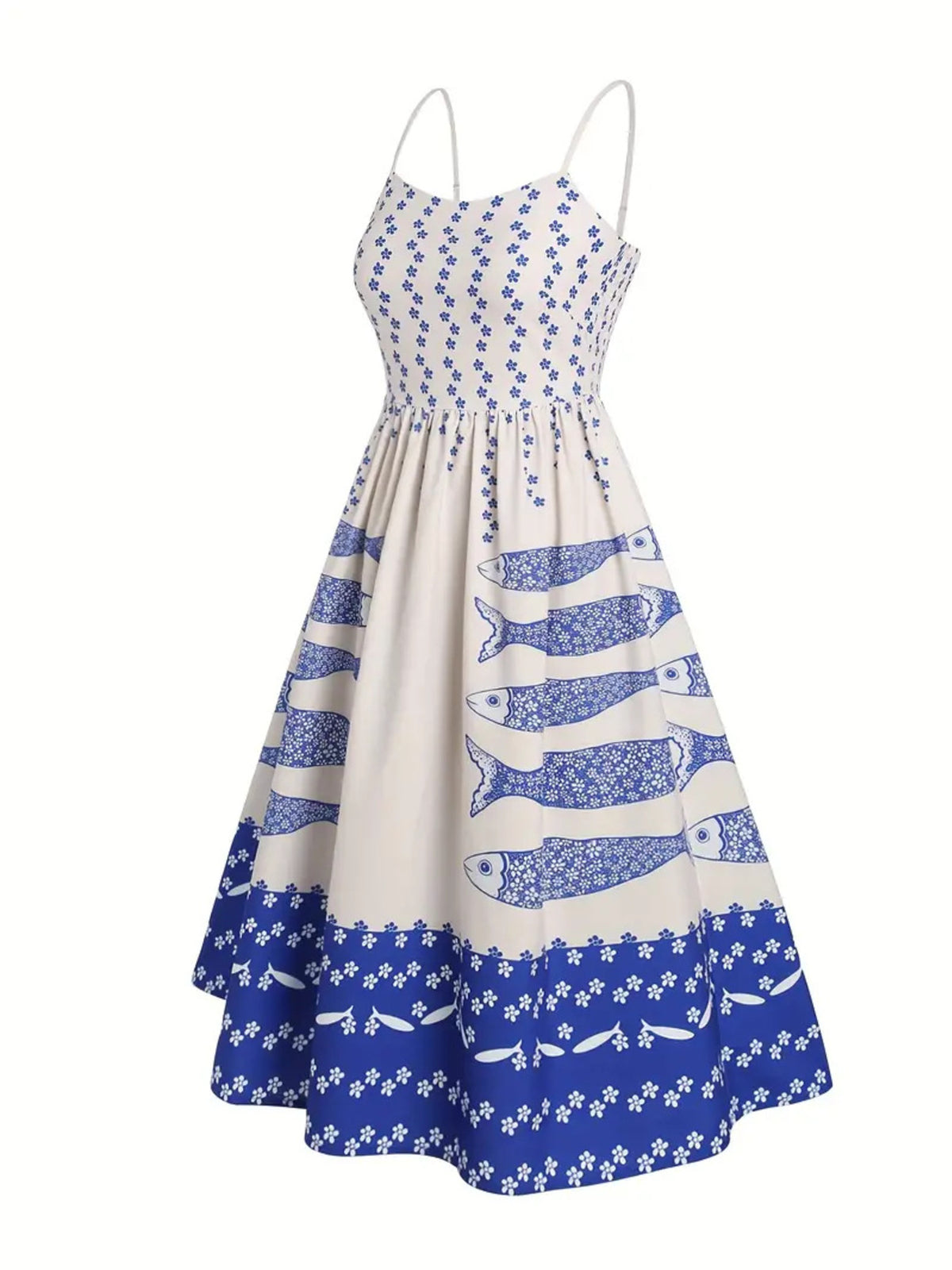 Sardine Print Spaghetti Strap Midi Dress - WYNFLARE