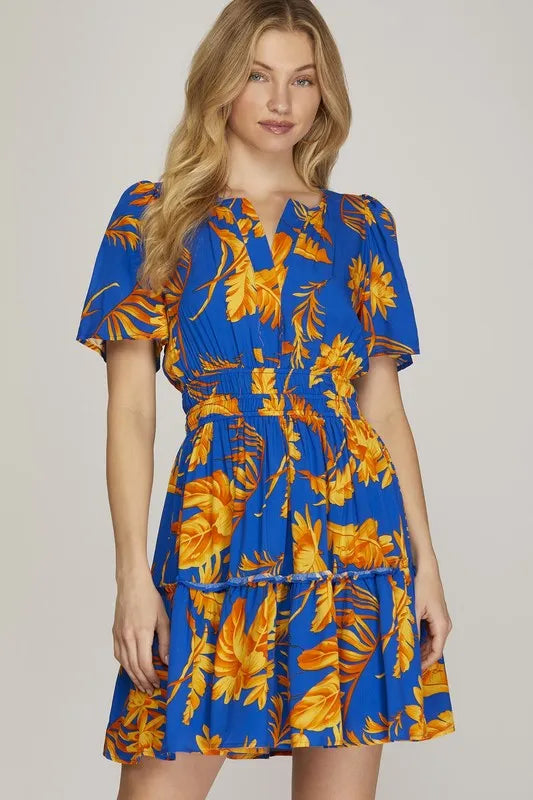 She + Sky Full Size Printed Notched Short Sleeve Frill Tiered Dress Plus Size - WYNFLARE