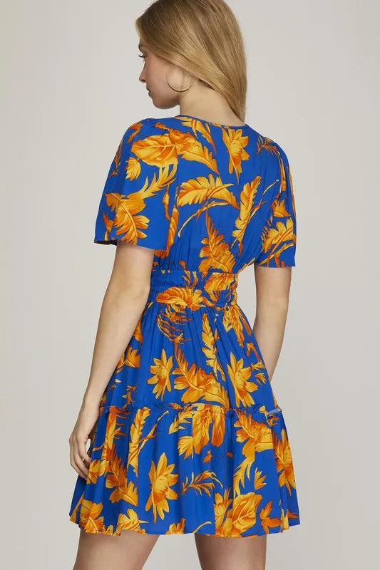 She + Sky Full Size Printed Notched Short Sleeve Frill Tiered Dress Plus Size - WYNFLARE