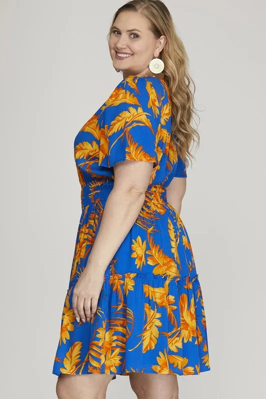 She + Sky Full Size Printed Notched Short Sleeve Frill Tiered Dress Plus Size - WYNFLARE