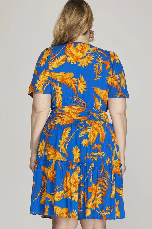 She + Sky Full Size Printed Notched Short Sleeve Frill Tiered Dress Plus Size - WYNFLARE