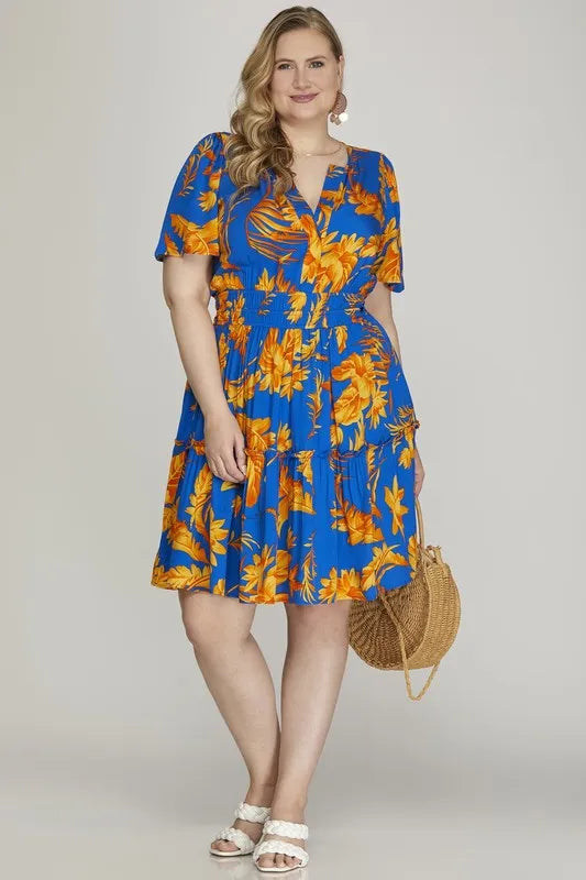 She + Sky Full Size Printed Notched Short Sleeve Frill Tiered Dress Plus Size - WYNFLARE