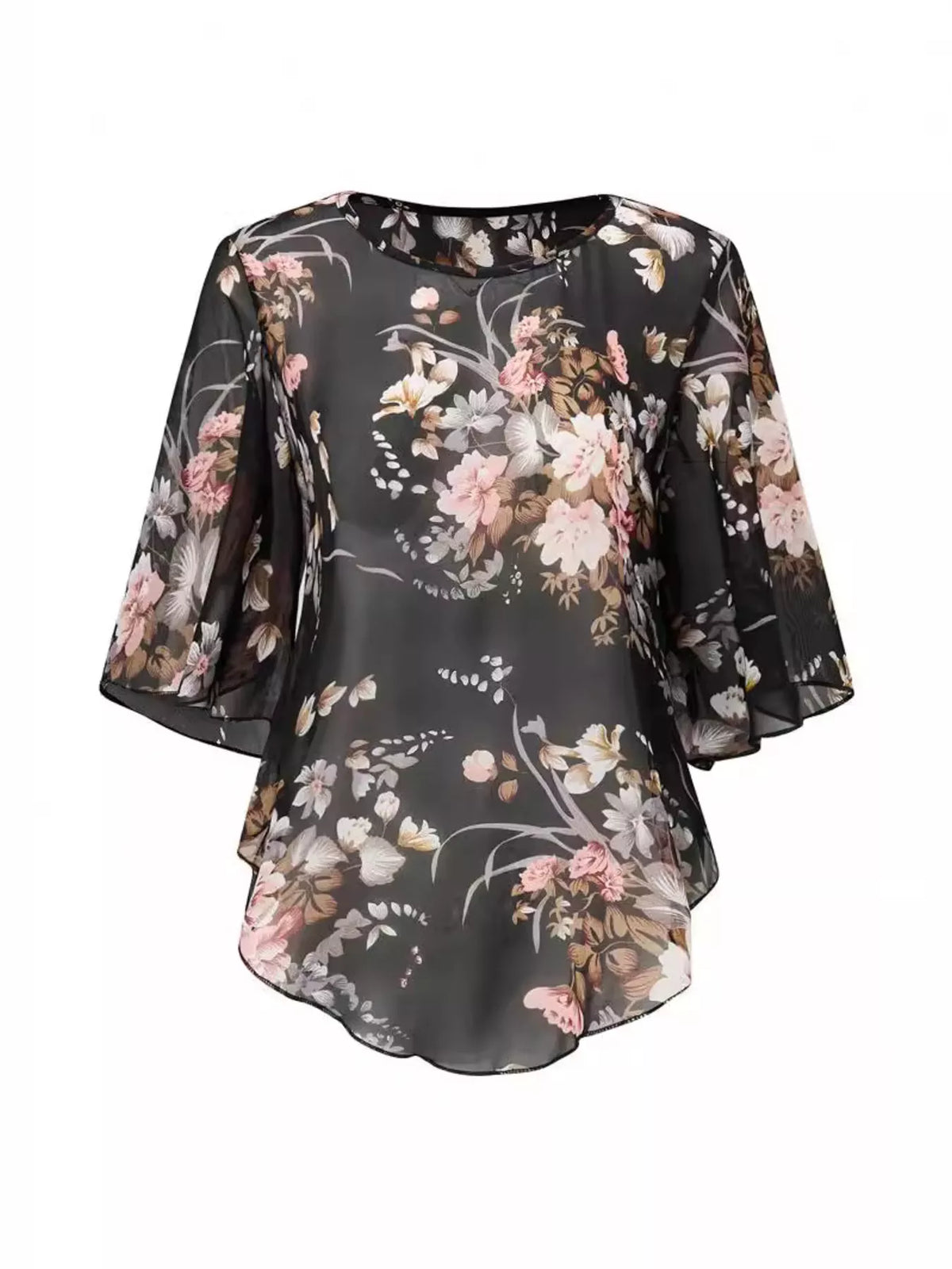 Sheer Floral Print Blouse with Flutter Sleeves - WYNFLARE