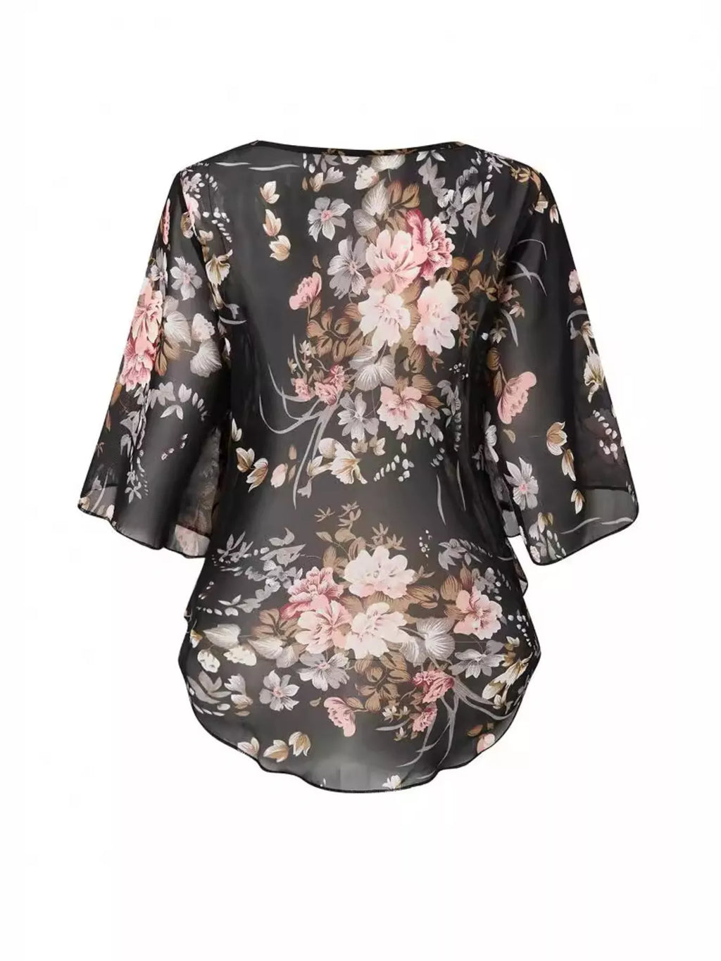 Sheer Floral Print Blouse with Flutter Sleeves - WYNFLARE