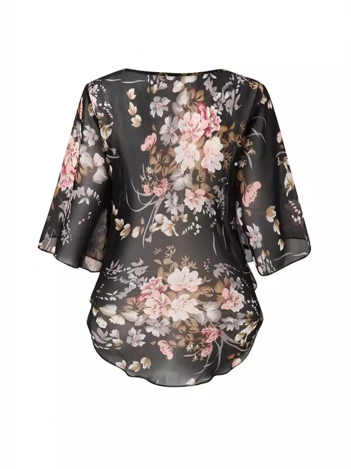 Sheer Floral Print Blouse with Flutter Sleeves - WYNFLARE
