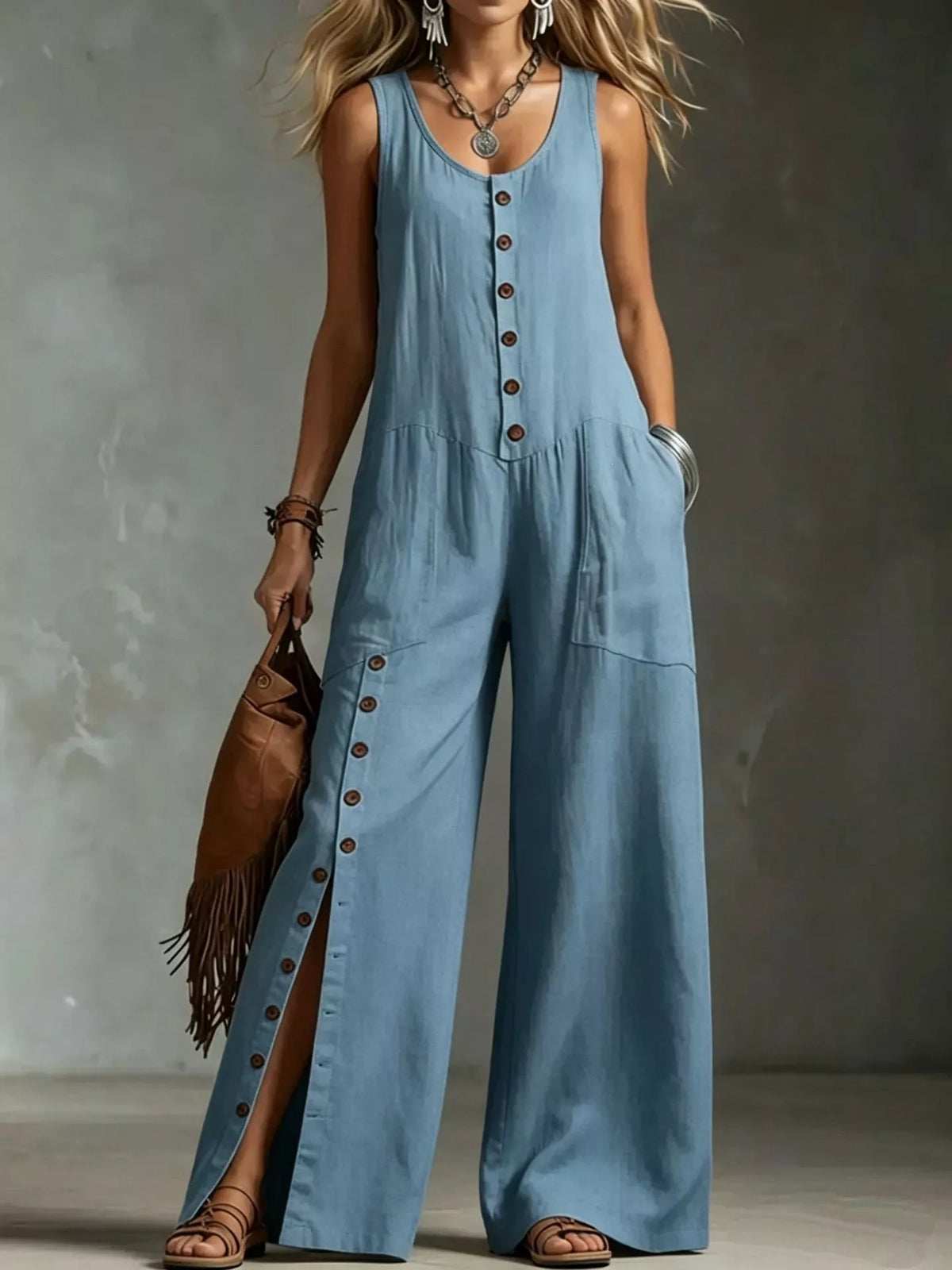 Sleeveless Button-Front Wide-Leg Jumpsuit - WYNFLARE