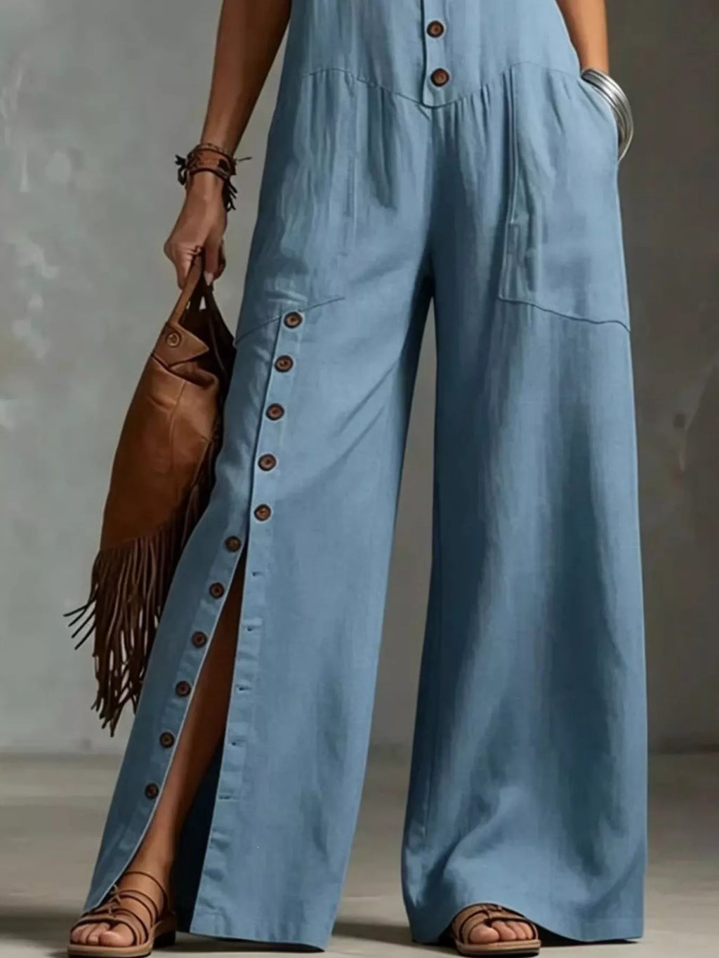 Sleeveless Button-Front Wide-Leg Jumpsuit - WYNFLARE