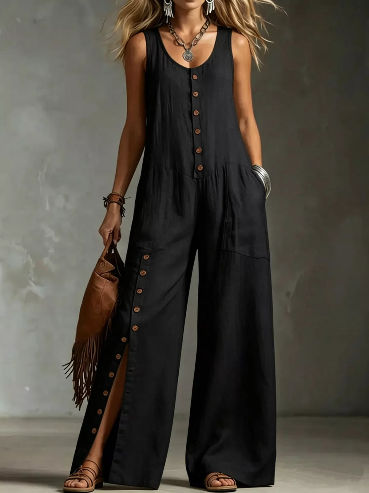 Sleeveless Button-Front Wide-Leg Jumpsuit - WYNFLARE