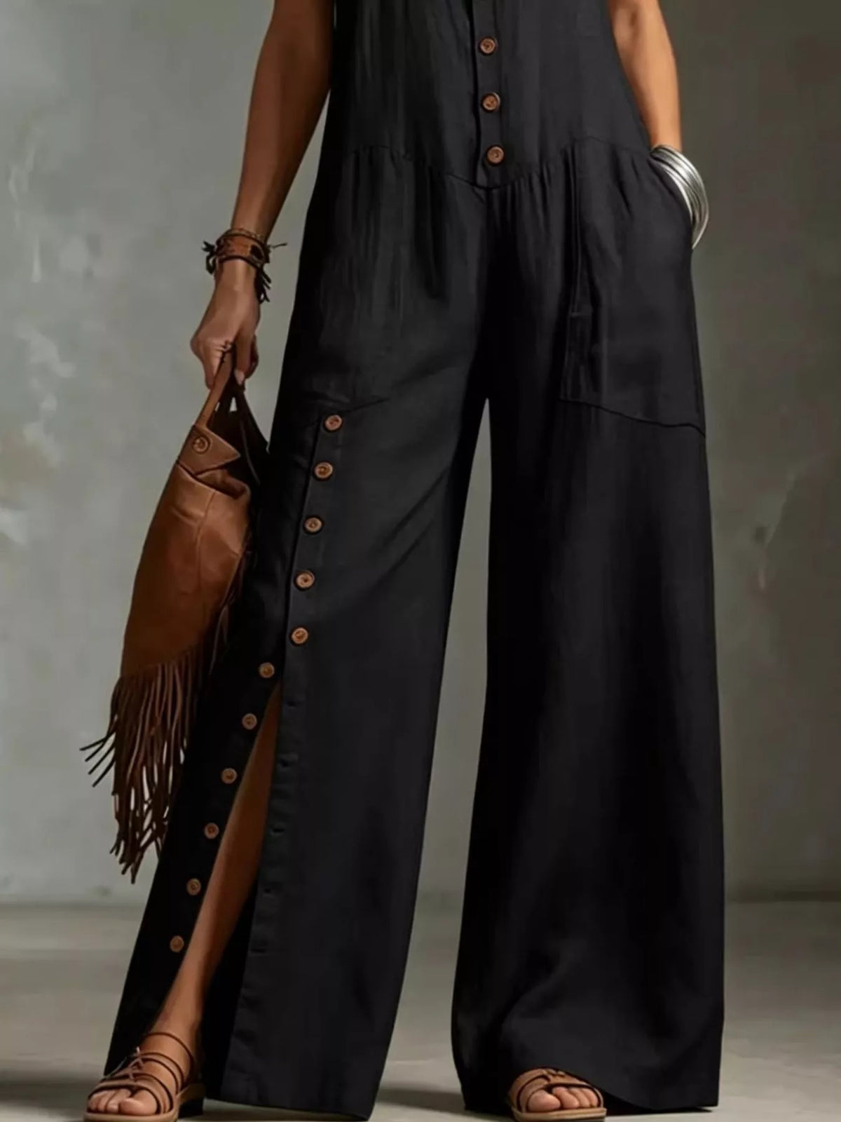 Sleeveless Button-Front Wide-Leg Jumpsuit - WYNFLARE